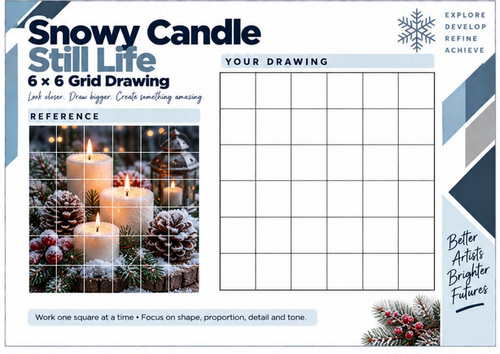 Snowy Candle Still Life Grid Drawing Worksheet | Winter Observational Art | KS3 & KS4