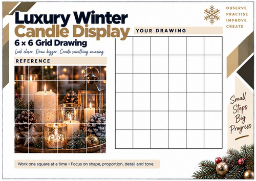 Luxury Winter Candle Display Grid Drawing Worksheet | Festive Still Life Art | KS3 & KS4