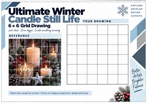Ultimate Winter Candle Still Life Grid Drawing Worksheet | Christmas Art Challenge | KS3 & KS4