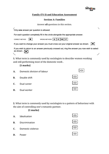 AQA GCSE Sociology Education and Families (Topics 1-3) Assessment