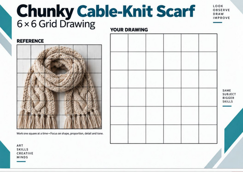 Chunky Cable-Knit Scarf Grid Drawing Worksheet | Winter Art | KS3 & KS4