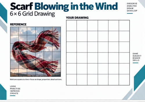 Scarf Blowing in the Wind Grid Drawing Worksheet | Winter Art | KS3 & KS4