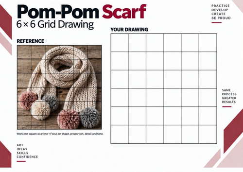 Pom-Pom Scarf Grid Drawing Worksheet | Winter Art | KS3 & KS4