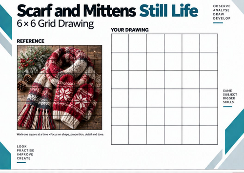 Scarf and Mittens Still Life Grid Drawing Worksheet | Winter Art | KS3 & KS4