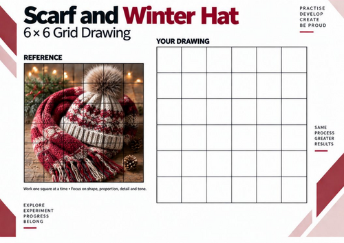 Scarf and Winter Hat Grid Drawing Worksheet | Winter Art | KS3 & KS4