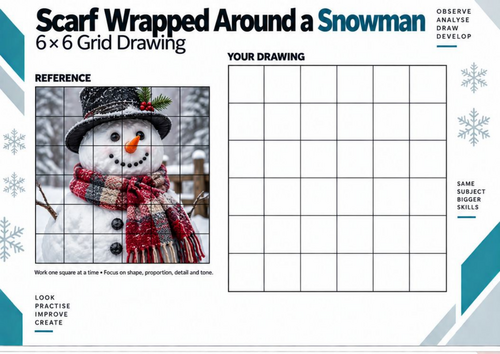 Scarf Wrapped Around a Snowman Grid Drawing Worksheet | Winter Art | KS3 & KS4