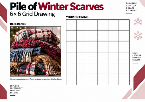 Pile of Winter Scarves Grid Drawing Worksheet | Winter Art | KS3 & KS4
