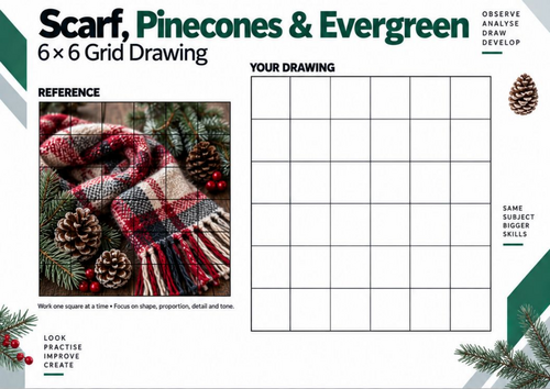 Scarf, Pinecones & Evergreen Grid Drawing Worksheet | Winter Art | KS3 & KS4