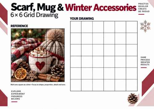 Scarf, Mug & Winter Accessories Grid Drawing Worksheet | Winter Art | KS3 & KS4