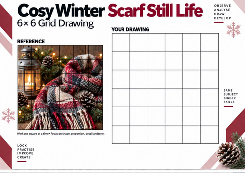 Cosy Winter Scarf Still Life Grid Drawing Worksheet | Winter Art | KS3 & KS4