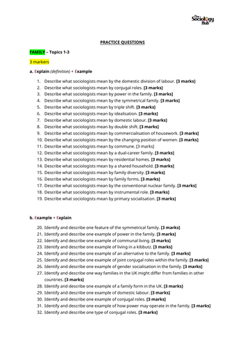 AQA GCSE Sociology Education and Families (Topics 1-3) Practice Questions Bank