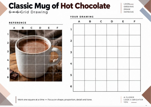 Classic Hot Chocolate Mug Grid Drawing Worksheet | Winter Art Activity | KS3 KS4
