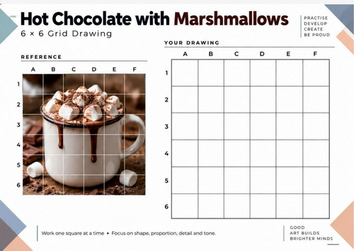 Hot Chocolate with Marshmallows Grid Drawing Worksheet | Winter Art | KS3 KS4