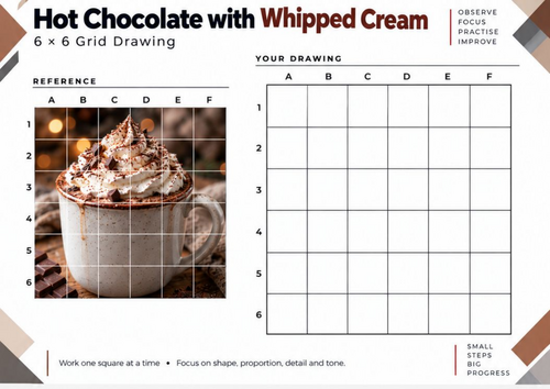 Hot Chocolate with Whipped Cream Grid Drawing Worksheet | Winter Art | KS3 KS4