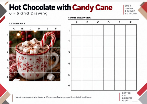Hot Chocolate with Candy Cane Grid Drawing Worksheet | Christmas Art | KS3 KS4
