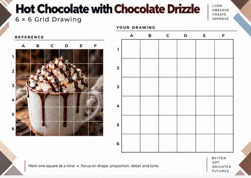 Hot Chocolate with Chocolate Drizzle Grid Drawing Worksheet | Winter Art | KS3 KS4
