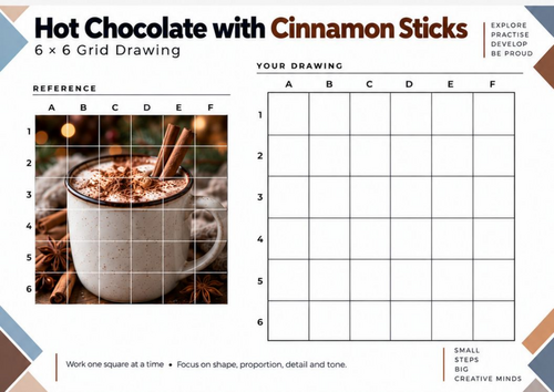 Hot Chocolate with Cinnamon Sticks Grid Drawing Worksheet | Winter Art | KS3 KS4