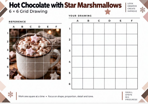 Hot Chocolate with Star Marshmallows Grid Drawing Worksheet | Christmas Art | KS3 KS4