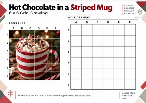 Hot Chocolate in a Striped Mug Grid Drawing Worksheet | Christmas Art | KS3 KS4