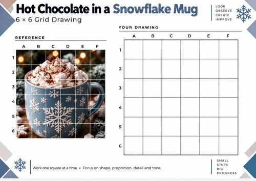 Hot Chocolate in a Snowflake Mug Grid Drawing Worksheet | Winter Art | KS3 KS4
