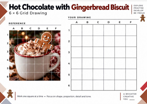 Hot Chocolate with Gingerbread Biscuit Grid Drawing Worksheet | Christmas Art | KS3 KS4
