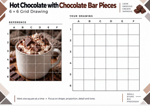 Hot Chocolate with Chocolate Bar Pieces Grid Drawing Worksheet | Winter Art | KS3 KS4