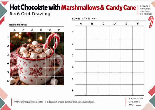 Hot Chocolate with Marshmallows & Candy Cane Grid Drawing | Christmas Art | KS3 KS4