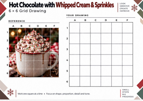 Hot Chocolate with Whipped Cream & Sprinkles Grid Drawing | Christmas Art | KS3 KS4