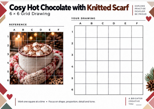Cosy Hot Chocolate with Knitted Scarf Grid Drawing Worksheet | Winter Art | KS3 KS4
