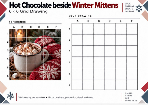 Hot Chocolate beside Winter Mittens Grid Drawing Worksheet | Winter Art | KS3 KS4