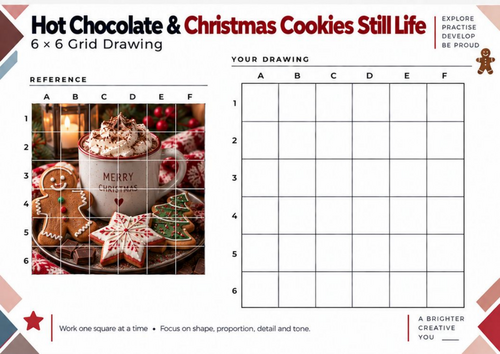 Hot Chocolate & Christmas Cookies Grid Drawing Worksheet | Festive Still Life Art | KS3 KS4