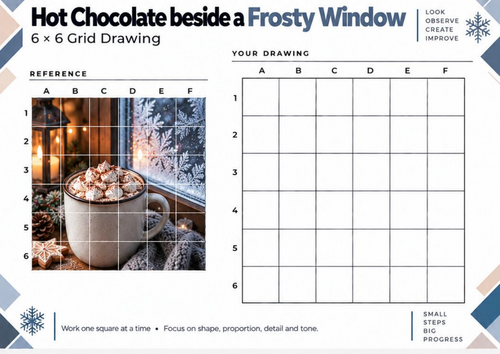Hot Chocolate beside a Frosty Window Grid Drawing Worksheet | Winter Art | KS3 KS4
