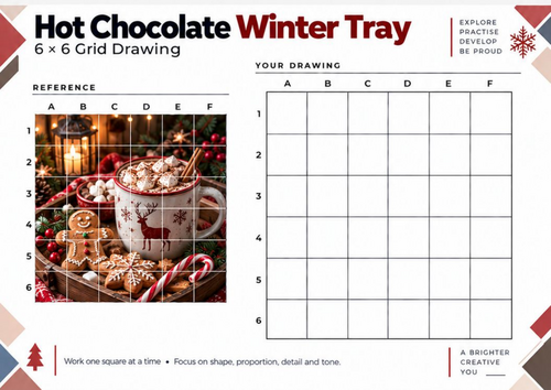 Hot Chocolate Winter Tray Grid Drawing Worksheet | Christmas Still Life Art | KS3 KS4