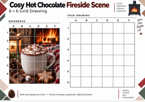 Cosy Hot Chocolate Fireside Scene Grid Drawing Worksheet | Winter Art | KS3 KS4