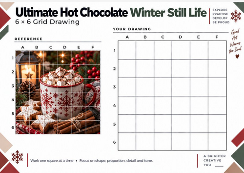 Ultimate Hot Chocolate Winter Still Life Grid Drawing Worksheet | Christmas Art | KS3 KS4