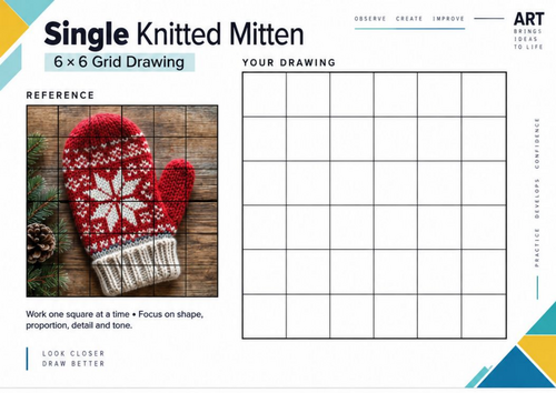 Single Knitted Mitten Grid Drawing Worksheet | Winter Art Activity | KS3 & KS4