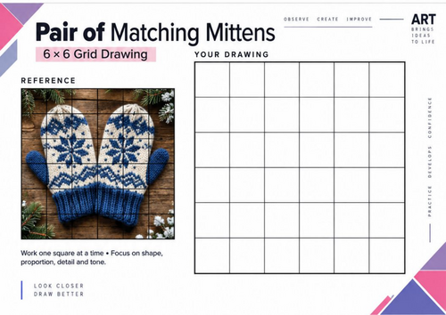 Pair of Matching Mittens Grid Drawing Worksheet | Winter Art | KS3 & KS4