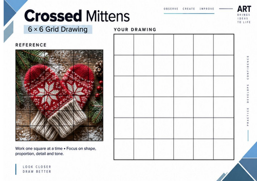 Crossed Mittens Grid Drawing Worksheet | Winter Observational Drawing | KS3 & KS4