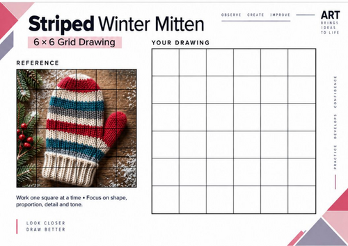 Striped Winter Mitten Grid Drawing Worksheet | Pattern & Texture Art | KS3 & KS4