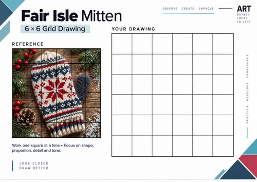 Fair Isle Mitten Grid Drawing Worksheet | Knitted Pattern Drawing | KS3 & KS4