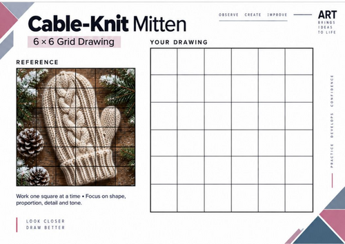 Cable-Knit Mitten Grid Drawing Worksheet | Texture & Tonal Drawing | KS3 & KS4