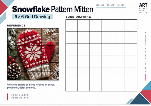 Snowflake Pattern Mitten Grid Drawing Worksheet | Winter Art Activity | KS3 & KS4