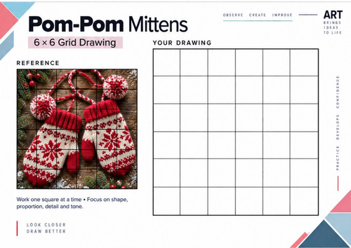 Pom-Pom Mittens Grid Drawing Worksheet | Winter Texture Drawing | KS3 & KS4