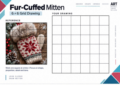 Fur-Cuffed Mitten Grid Drawing Worksheet | Winter Texture & Shading | KS3 & KS4
