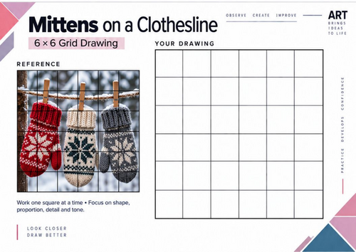 Mittens on a Clothesline Grid Drawing Worksheet | Winter Still Life Art | KS3 & KS4