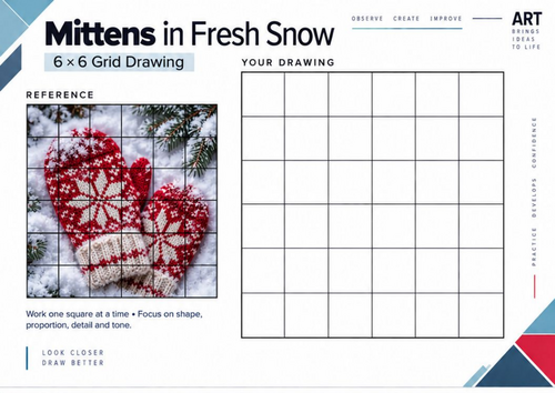 Mittens in Fresh Snow Grid Drawing Worksheet | Winter Observational Art | KS3 & KS4