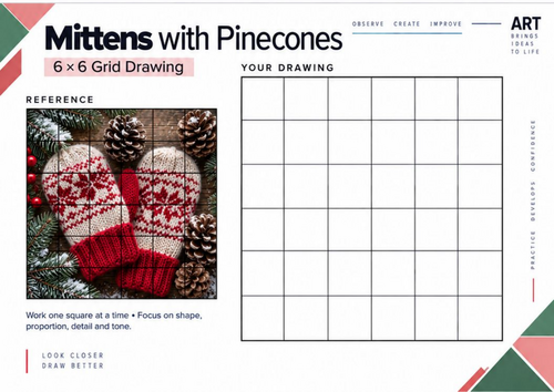 Mittens with Pinecones Grid Drawing Worksheet | Winter Still Life Drawing | KS3 & KS4