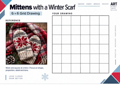 Mittens with a Winter Scarf Grid Drawing Worksheet | Winter Art | KS3 & KS4
