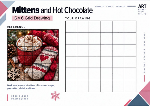 Mittens and Hot Chocolate Grid Drawing Worksheet | Cosy Winter Still Life | KS3 & KS4