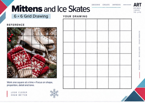 Mittens and Ice Skates Grid Drawing Worksheet | Winter Still Life Art | KS3 & KS4